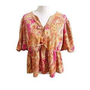 Cato Peplum Blouse Womens XL Orange Paisley Balloon Sleeve V-Neck Tie Detail